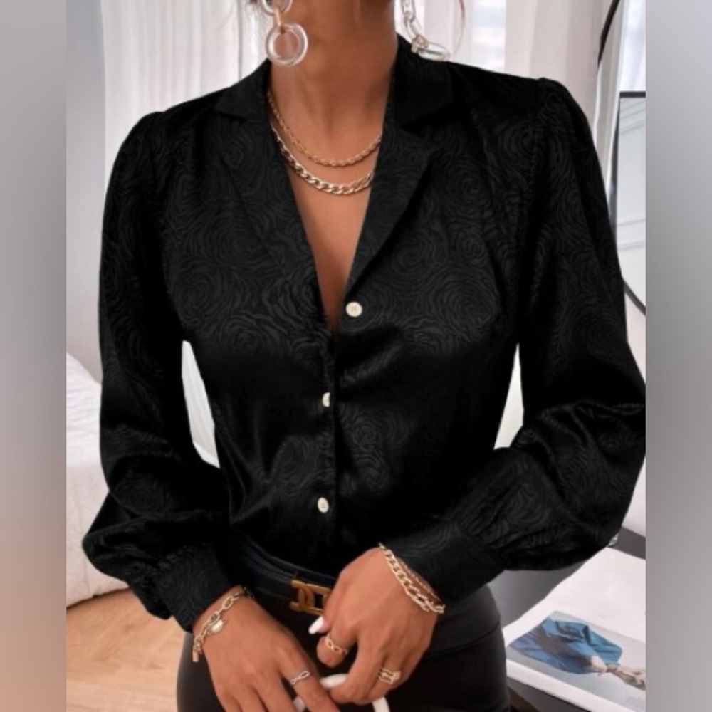 Black Jacquard Satin Blouse Button-Down